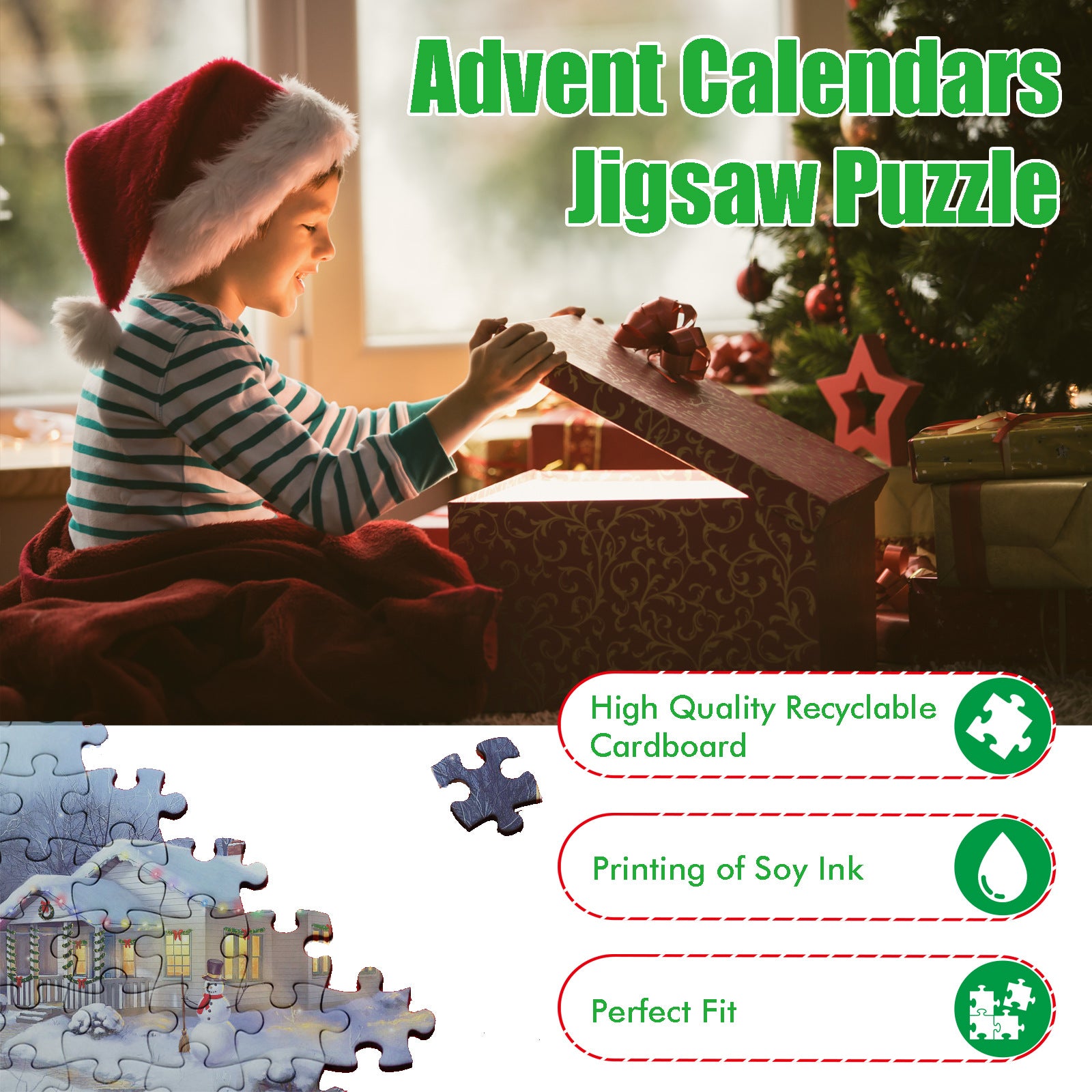 Close-up view of completed cardboard puzzle models from the Christmas countdown calendar set