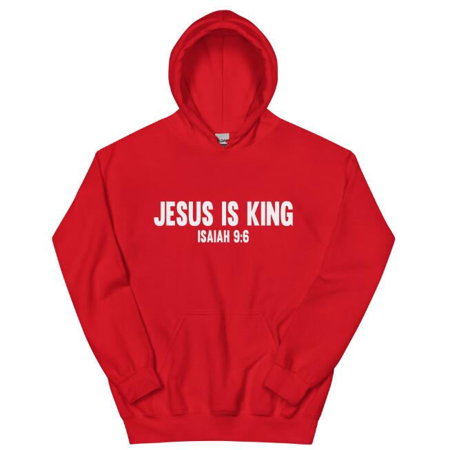 Jesus Is King red pullover hoodie laid flat display