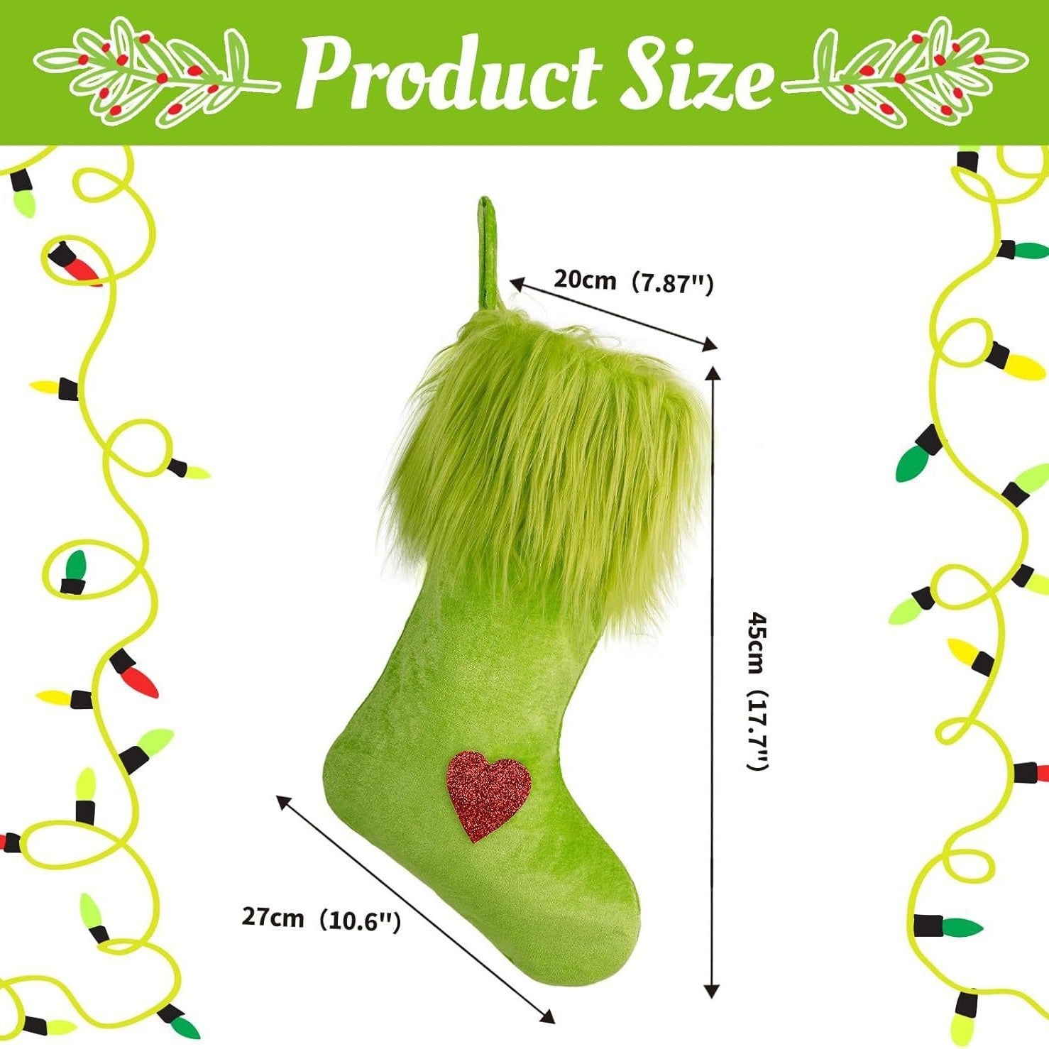 Green plush Christmas stocking ornament hanging on a tree with festive holiday decor Main image