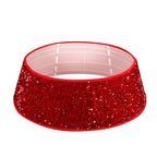 Christmas tree skirt with red sequins displayed flat showing dimensions and design