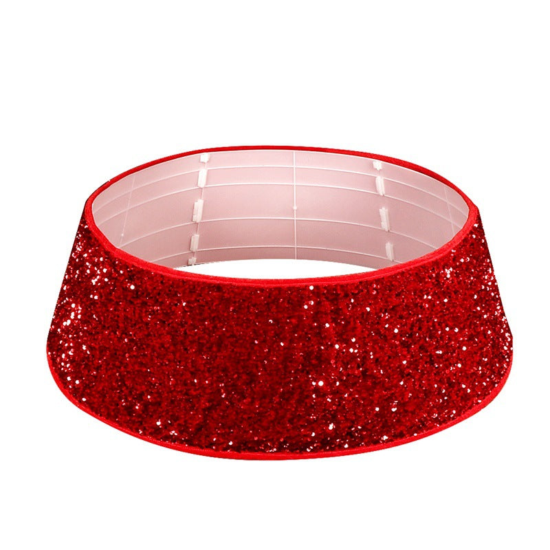 Christmas tree skirt with red sequins displayed flat showing dimensions and design