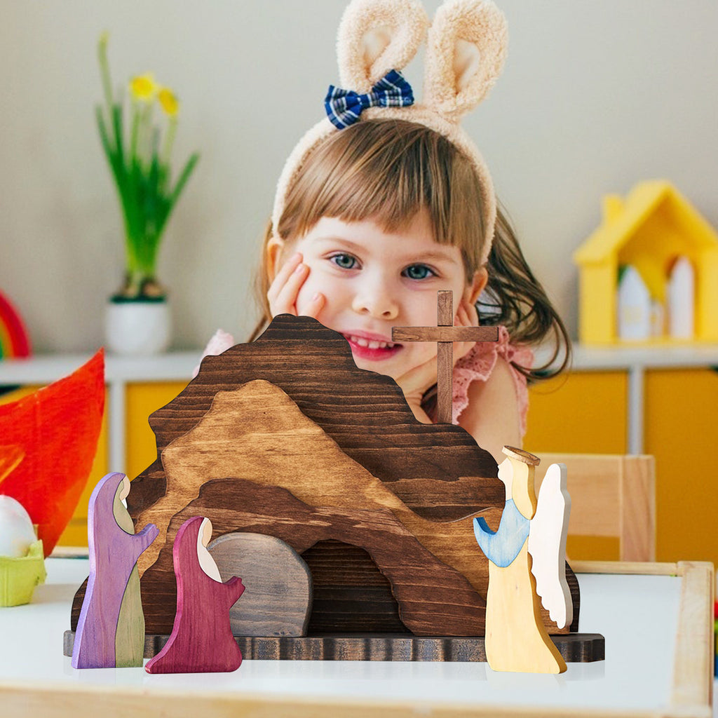 Close-up view of wooden creche figures depicting the Holy Family