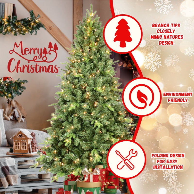 Christmas tree surrounded by presents and greenery in festive arrangement