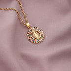 Close-up view of Virgin Mary geometric pendant on stainless steel chain, Catholic accessory