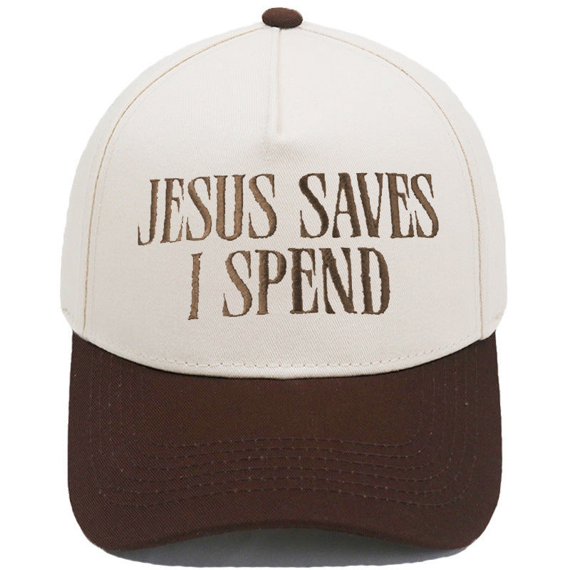 Jesus Saves I Spend color-block baseball cap in khaki rice color
