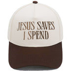 Jesus Saves I Spend color-block baseball cap in khaki rice color
