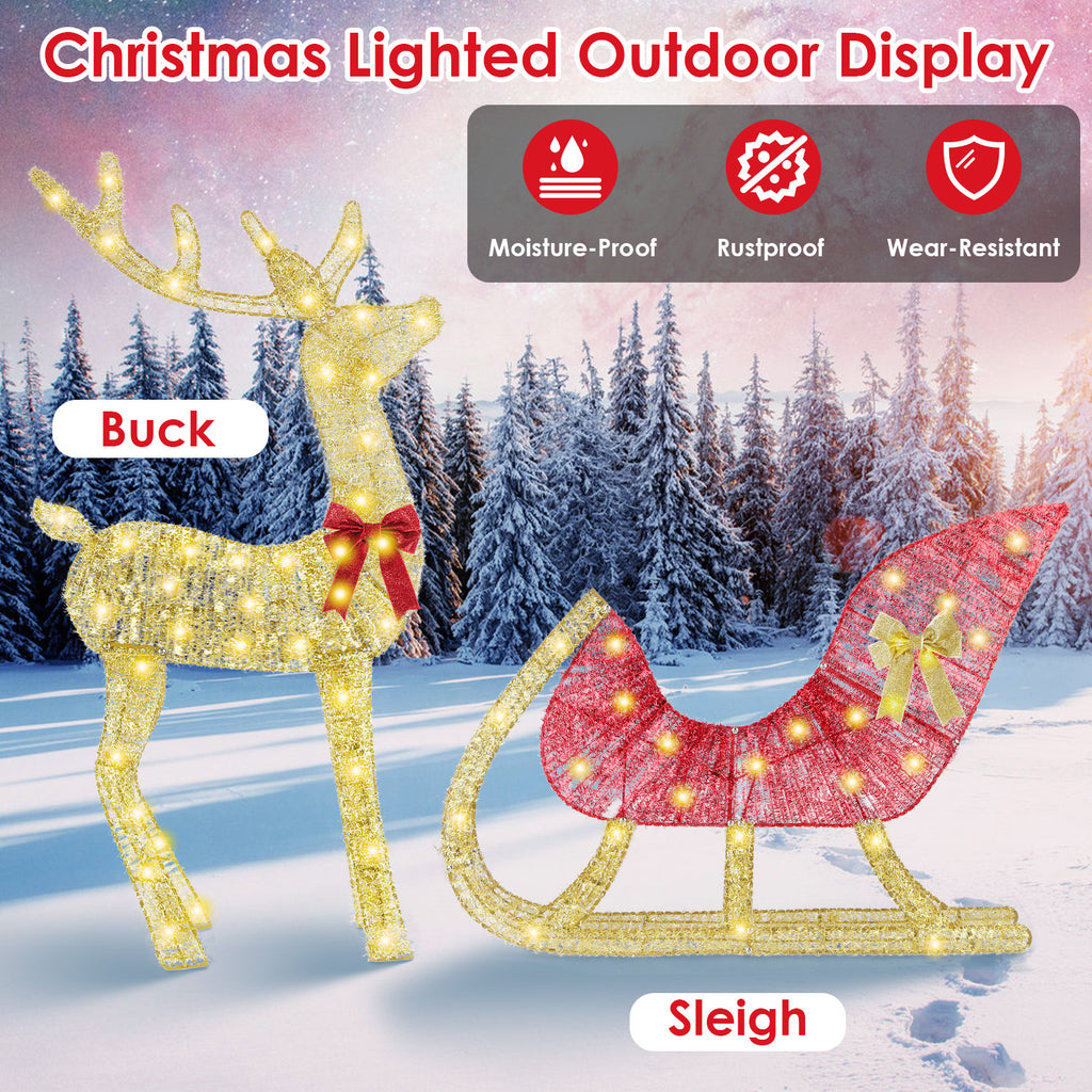 Outdoor reindeer display illuminated with warm yellow LED lights