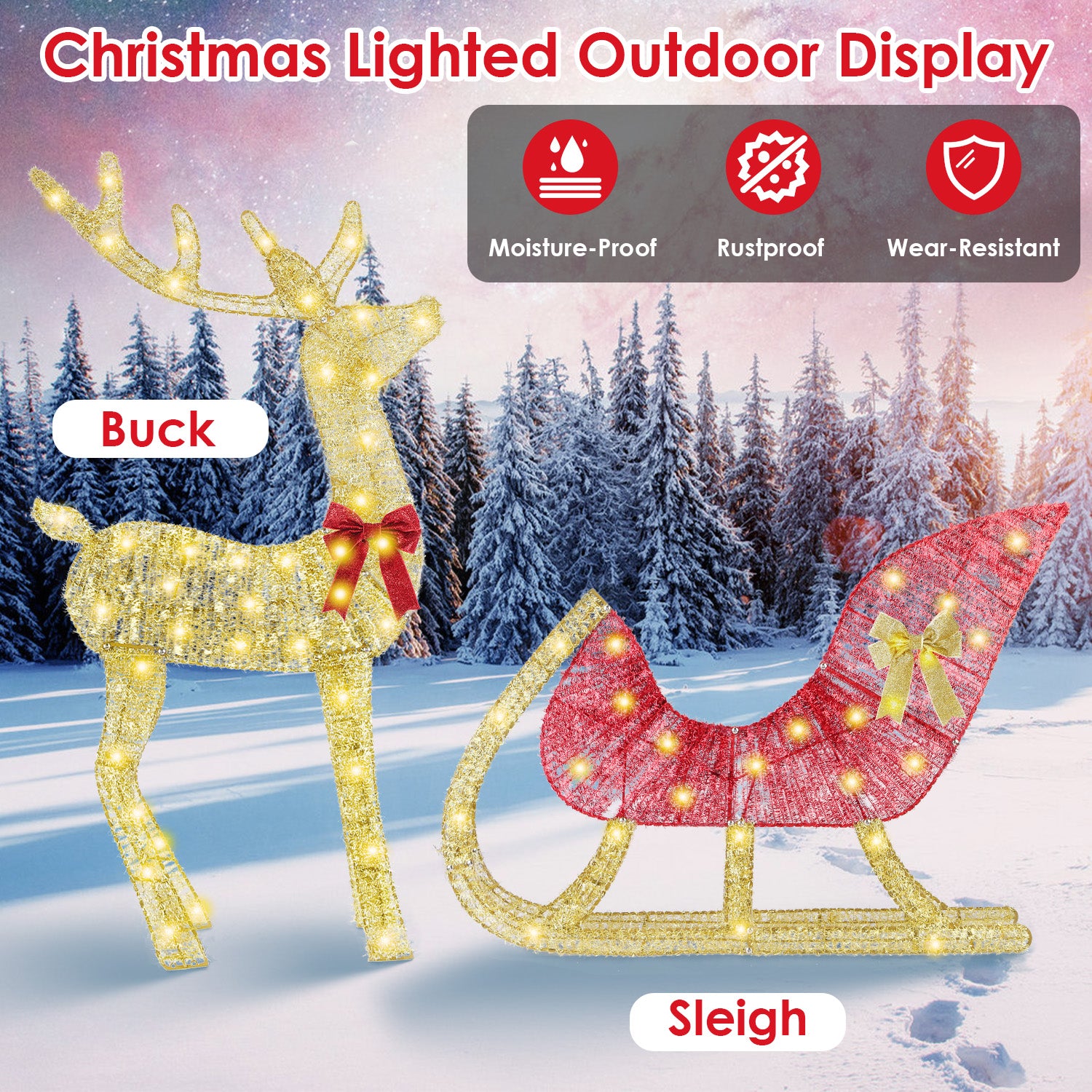 Outdoor reindeer display illuminated with warm yellow LED lights