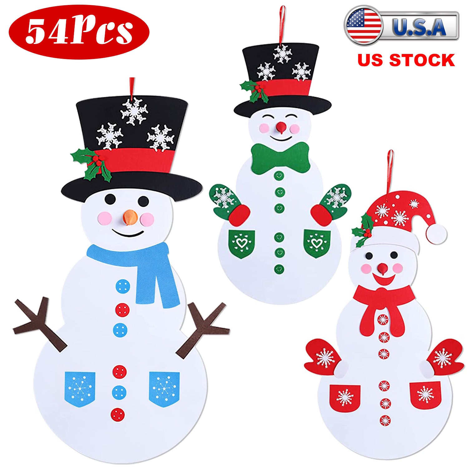 Assembled felt snowman hanging on wooden door during Christmas season