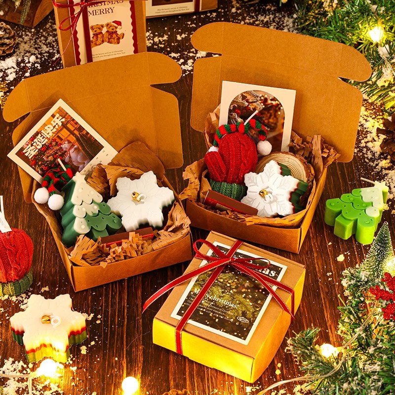 Christmas tree and snowflake gift box arrangement with wood details
