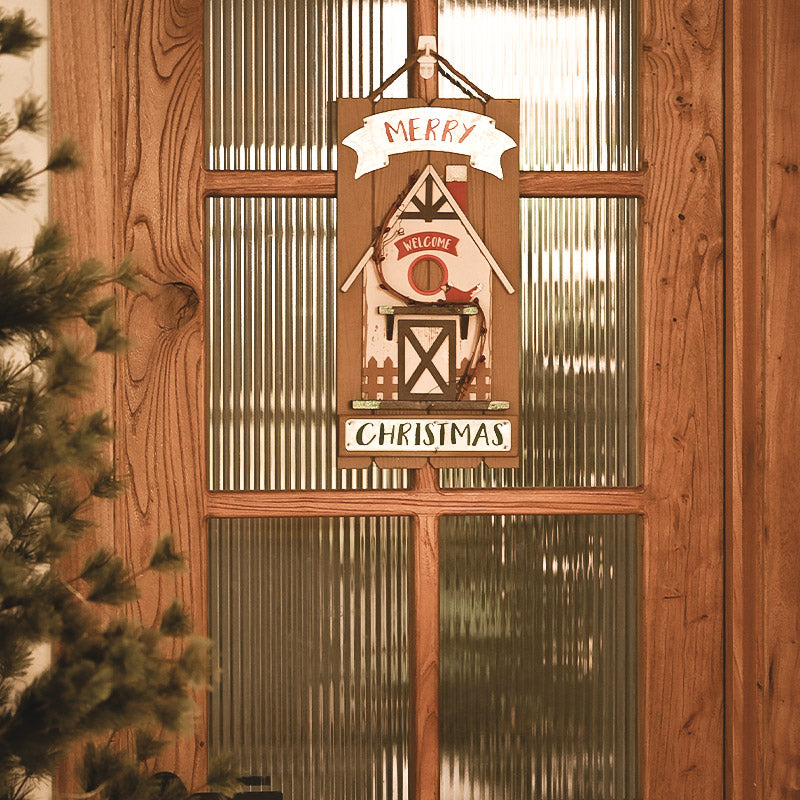 Set of wooden house Christmas ornaments in two color finishes for holiday display