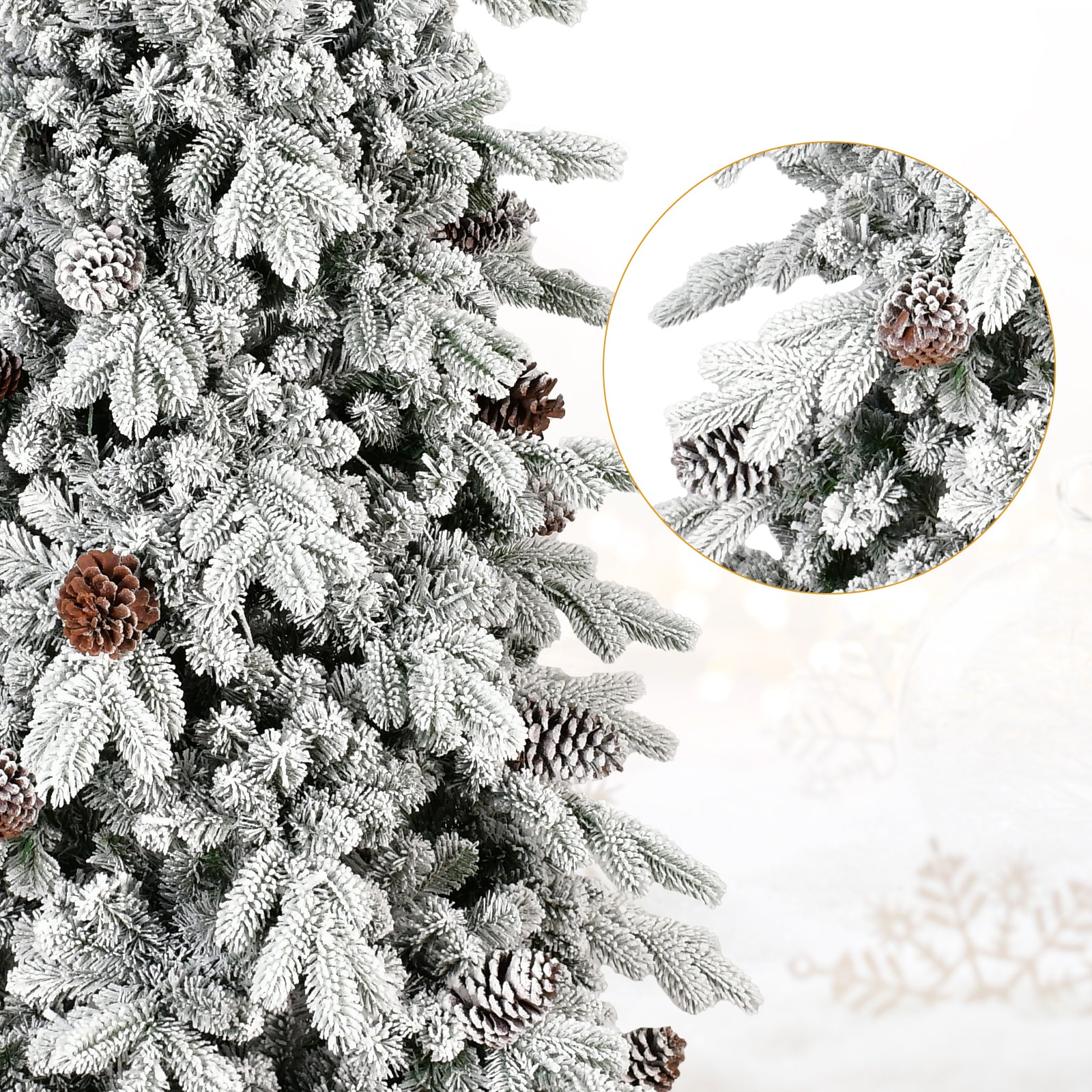 Fully decorated flocked Christmas tree with ornaments and lights