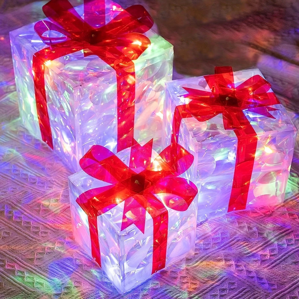 Christmas gift box ornaments in three sizes with festive holiday decorations