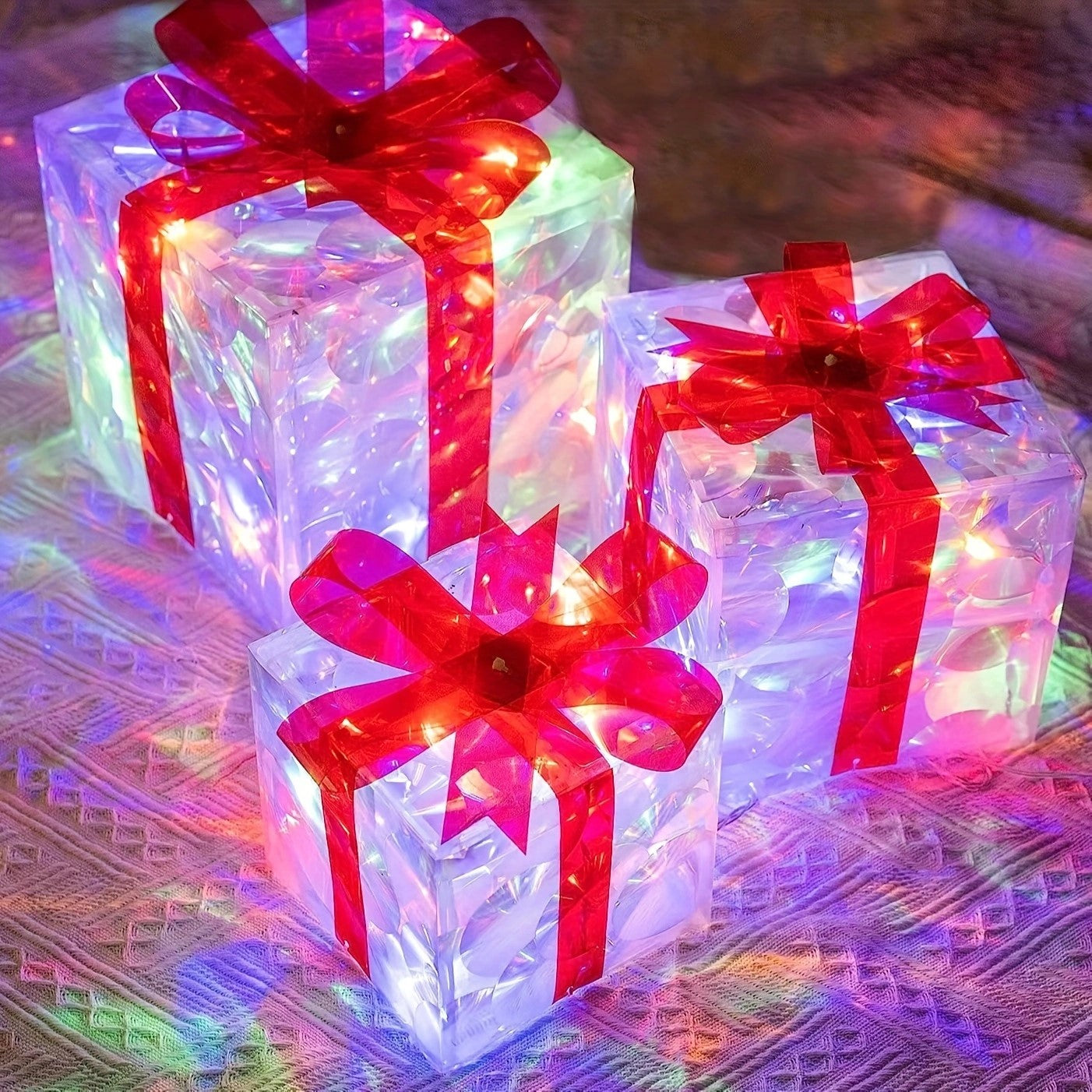 Christmas gift box ornaments in three sizes with festive holiday decorations