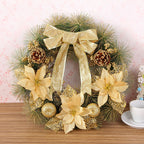 Close-up of rustic pine needle wreath ornament hanging on Christmas tree