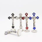 Religious cross ornament in white and black with textured finish for car or home