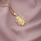 Woman wearing vintage Virgin Mary pendant necklace for everyday faith expression
