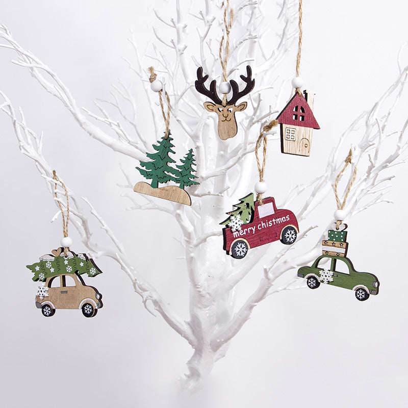 Natural wood grain with festive design on Christmas tree ornament