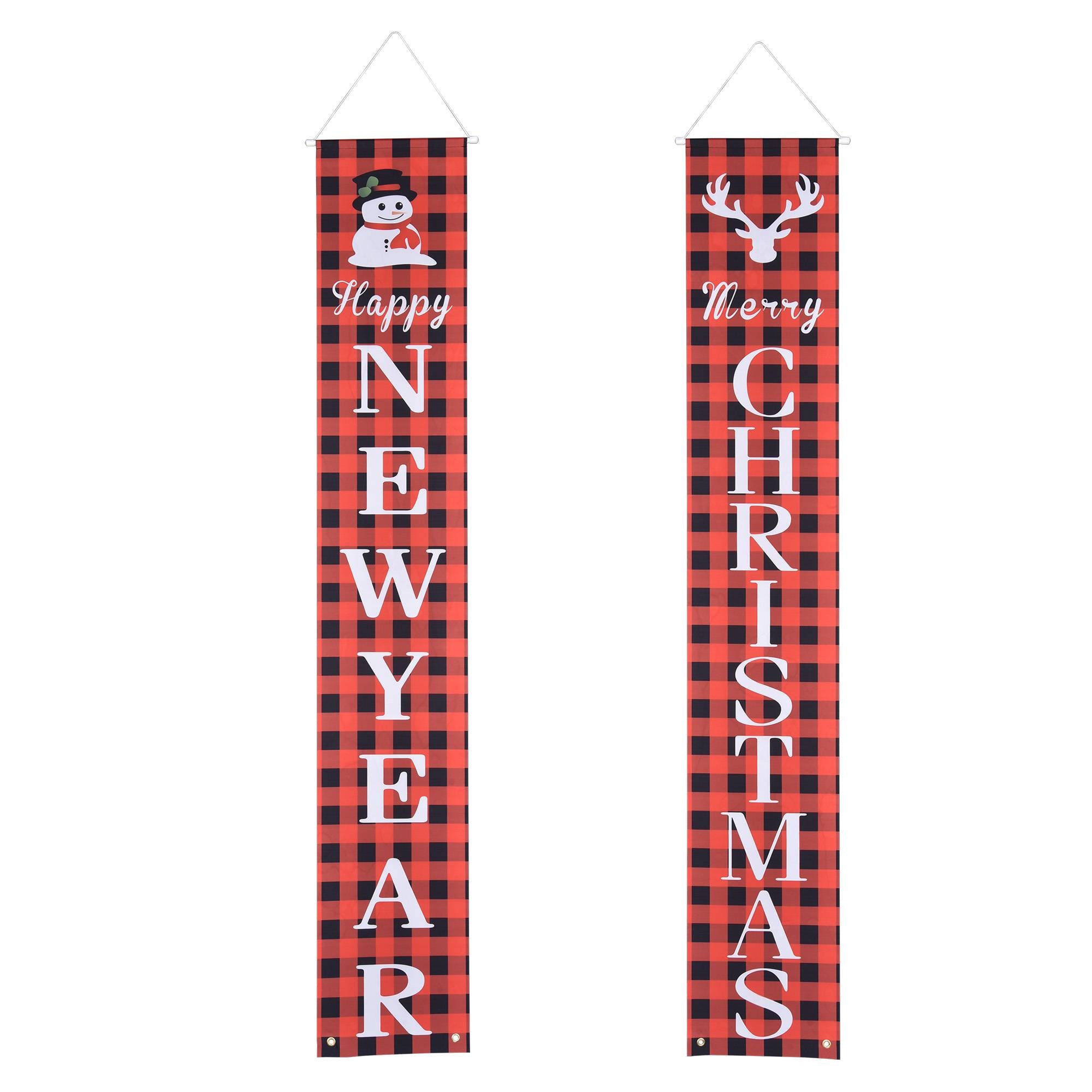 Merry Christmas Porch Sign Set featuring buffalo plaid and snowman design displayed on a festive front porch Main image