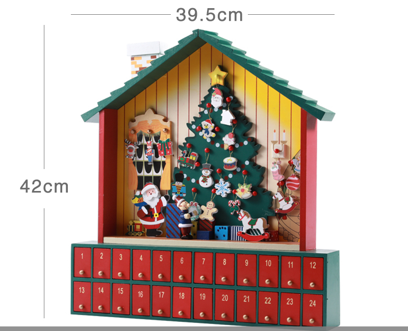 Wooden advent calendar with multiple compartments arranged in festive Christmas design