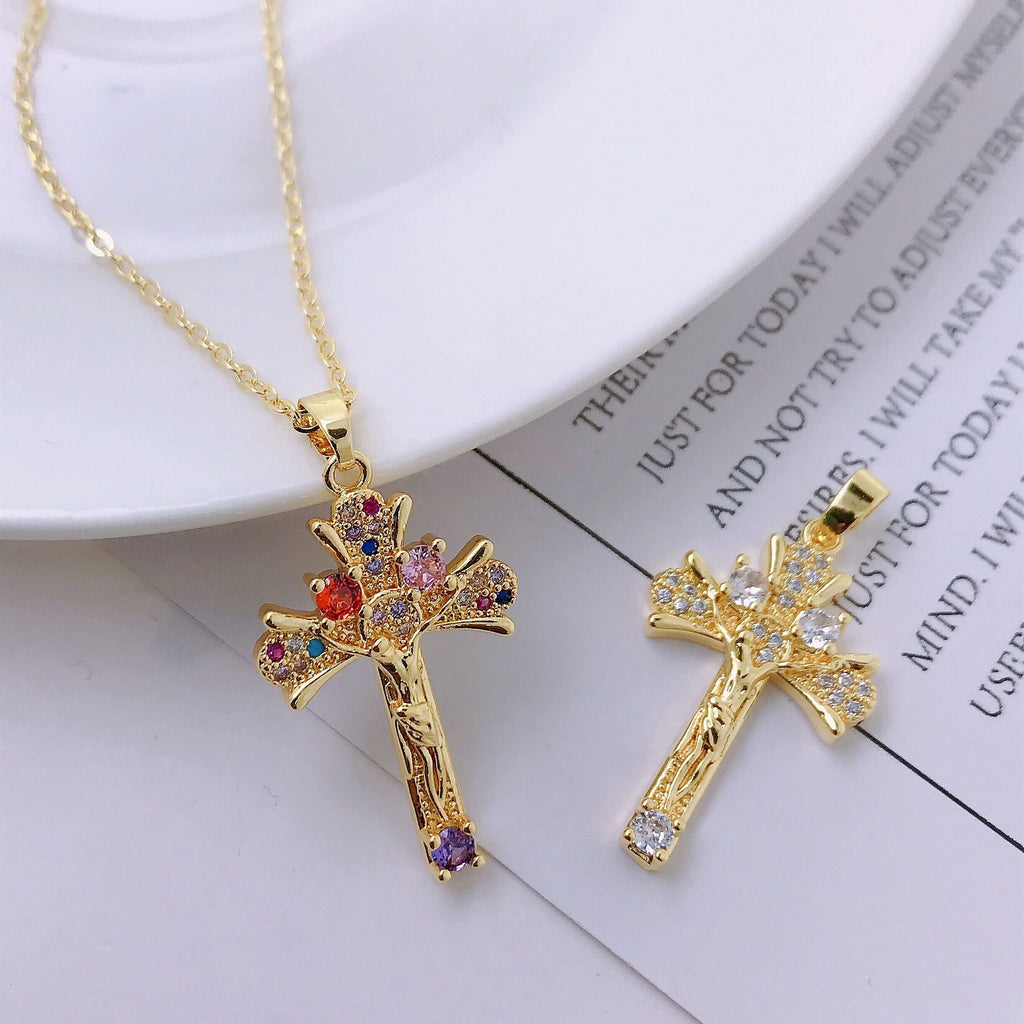 Timeless Catholic cross necklace with warm electroplated copper finish