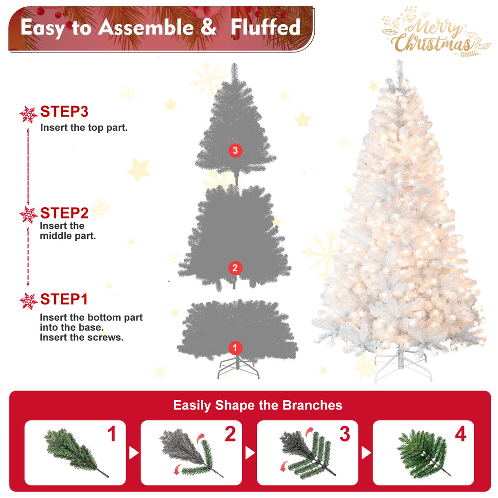 Prelit white Christmas tree with glowing lights in a warm home setting