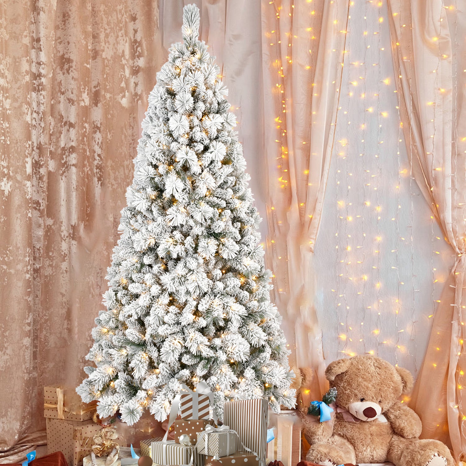 Detailed view of PVC hard needle flocked Christmas tree branches with lights