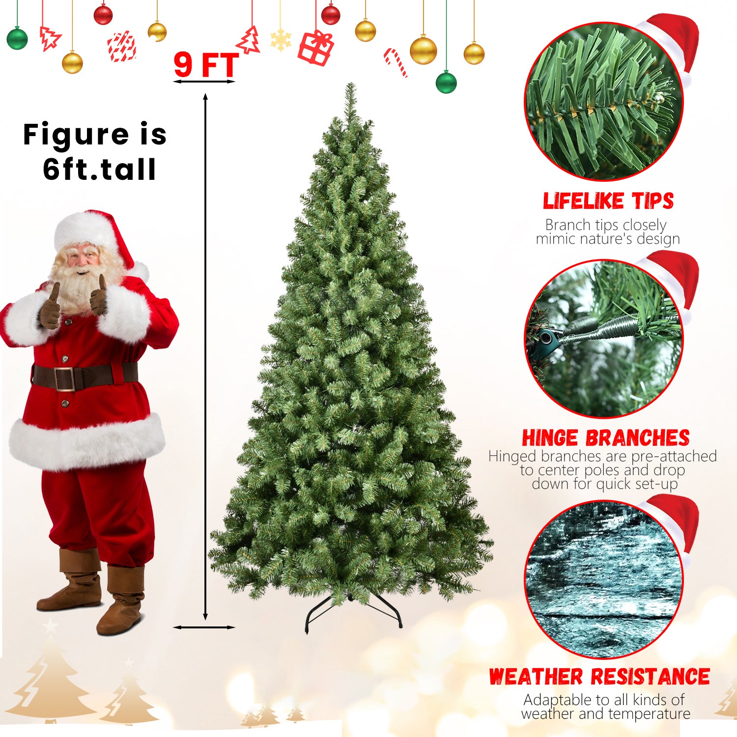 Green Christmas tree decorated with ornaments for Christmas celebration