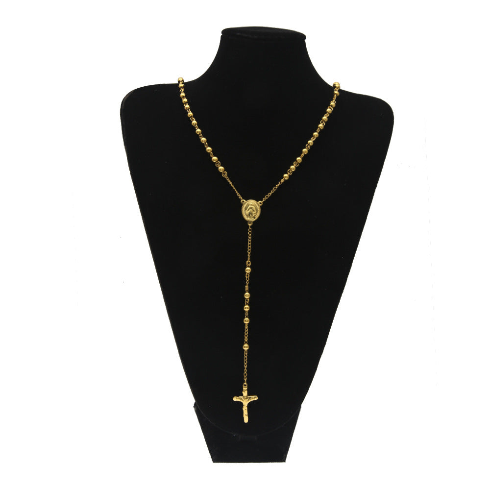 Jesus pendant stainless steel necklace with gold beads close up - Christian jewelry Main image