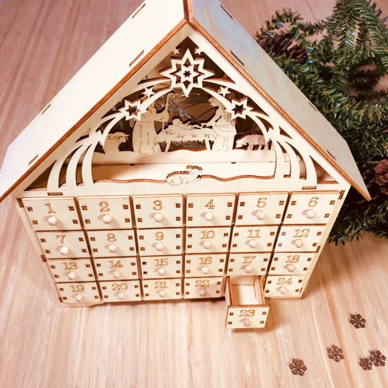 Basswood advent countdown calendar showing multiple small drawers for daily surprises