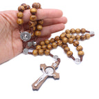 Wooden rosary beads on round chain necklace detail