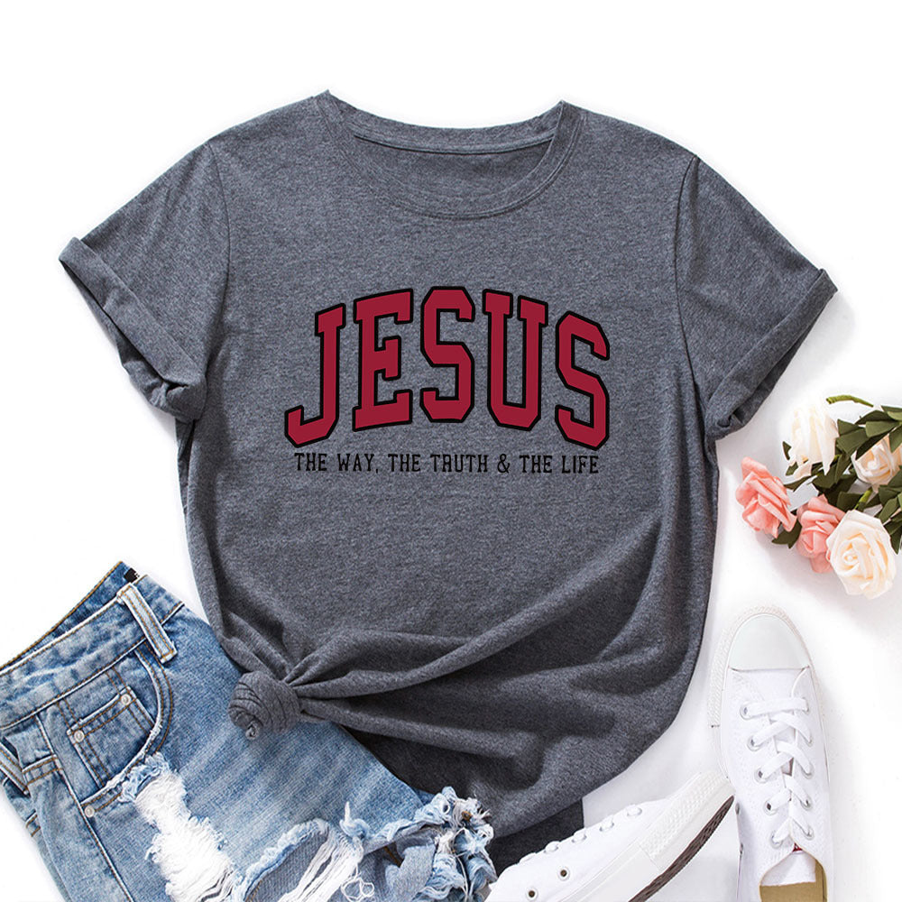 Women's Jesus Printed Loose Cotton T-Shirt front view in white Main image