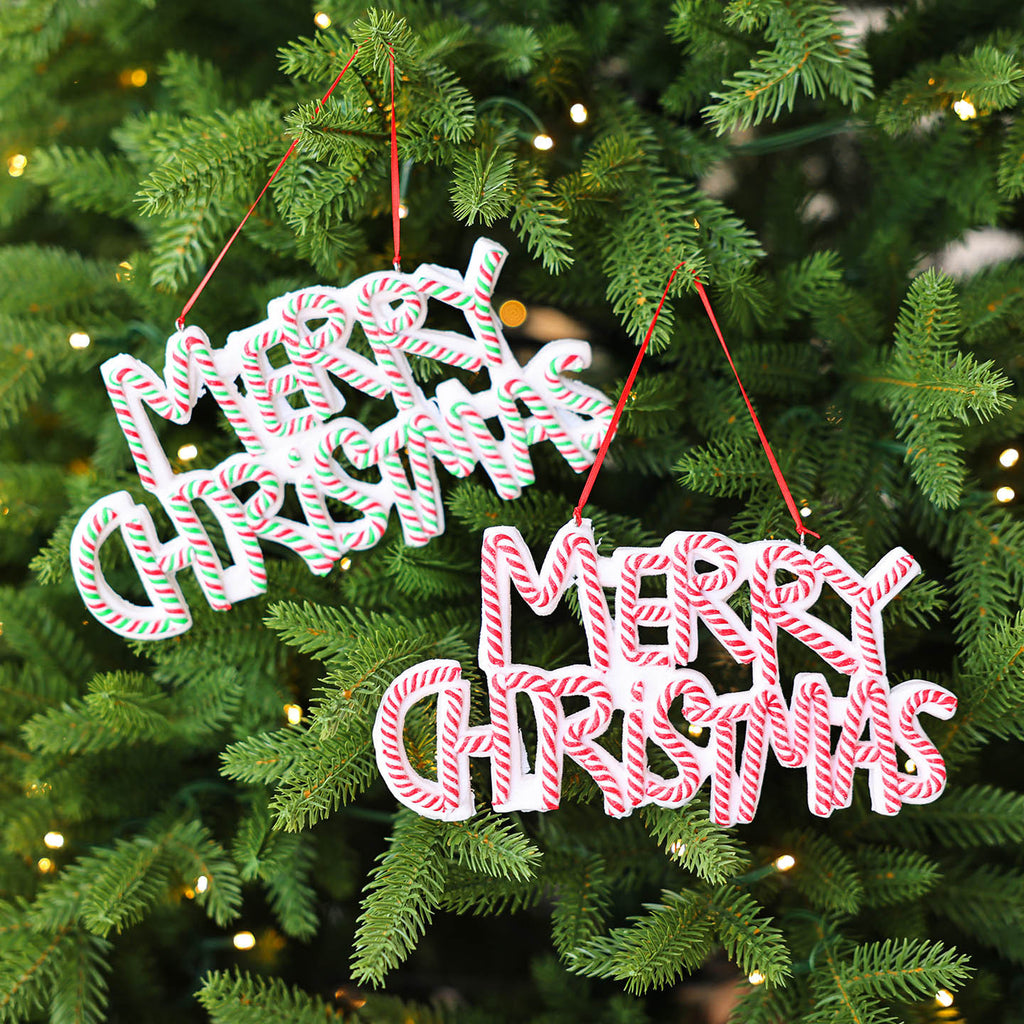 Christmas tree decorated with word plate ornaments in red white and green