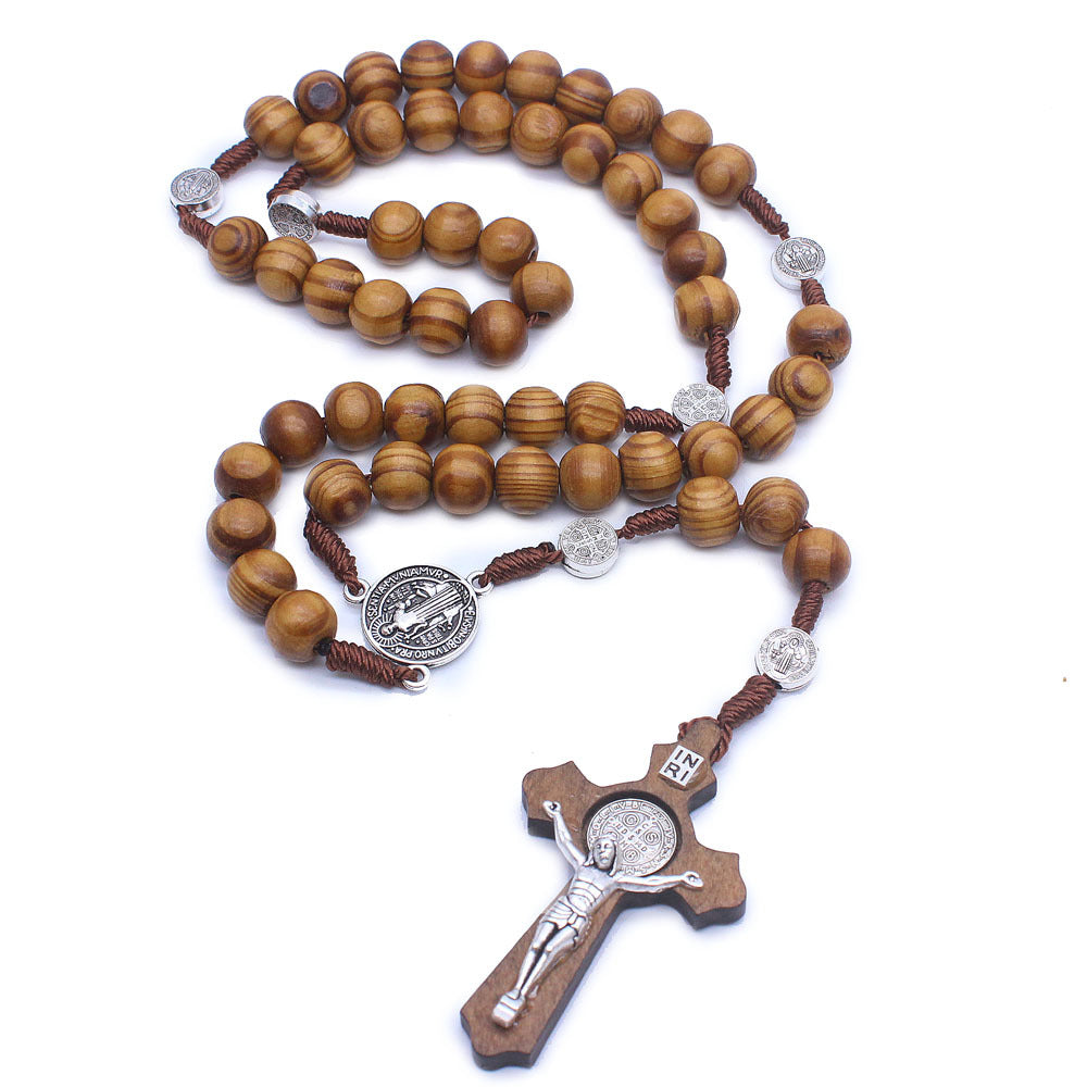 Catholic wooden rosary necklace display