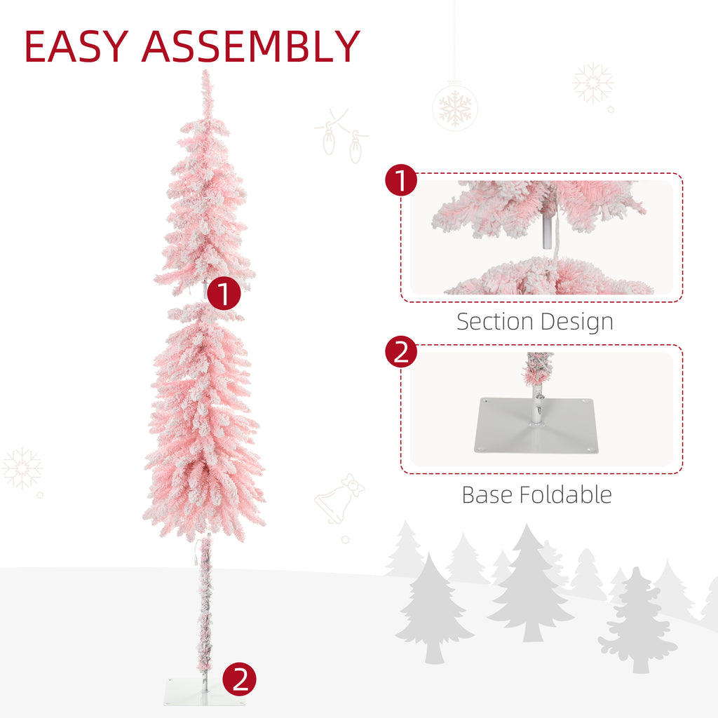 Multi-angle view of pink flocked branches showing artificial snow detail