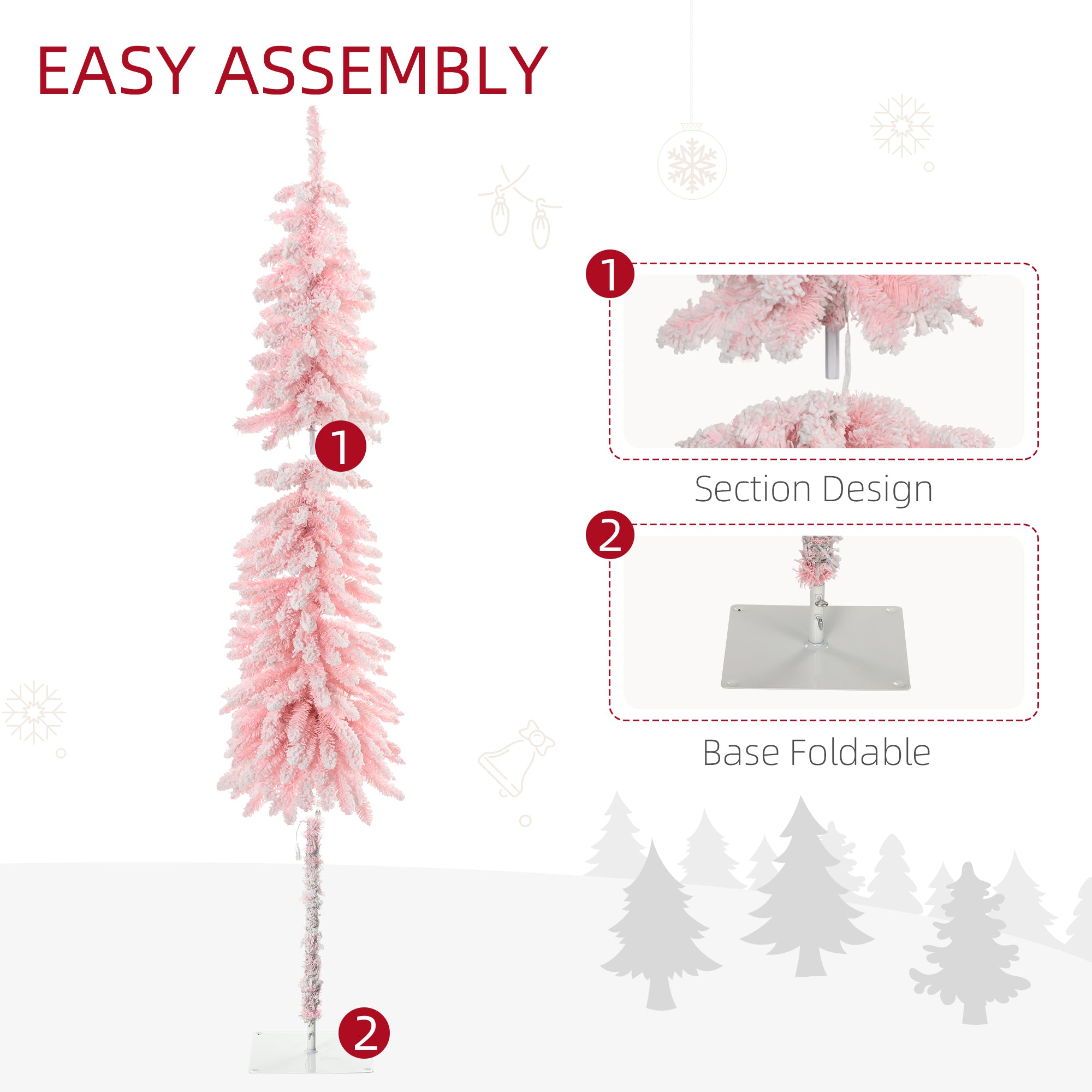 Multi-angle view of pink flocked branches showing artificial snow detail