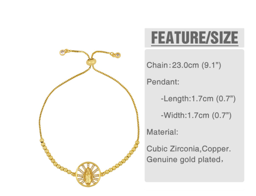Close-up view of Virgin Mary charm bracelet with zircon inlay detail