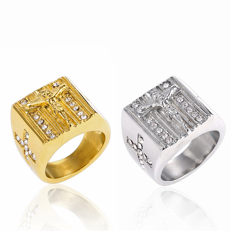 Close-up of vintage cross ring showing intricate styling details