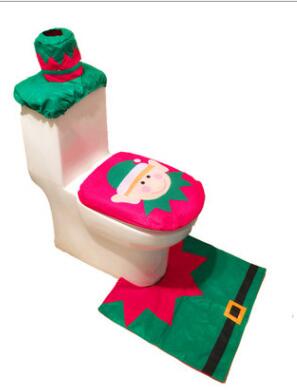 Holiday bathroom decor set including curtain and toilet cover in cheerful Christmas style