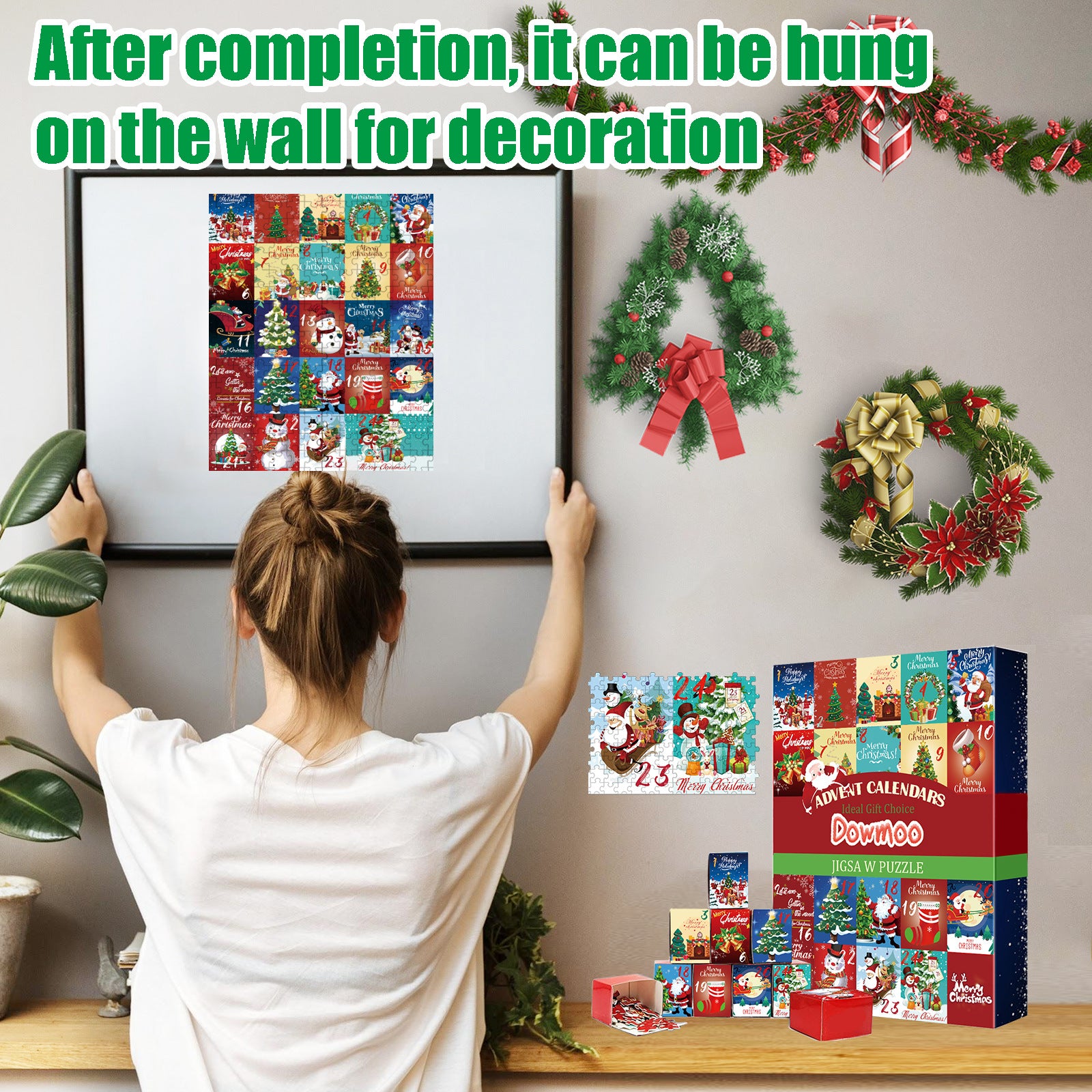 Christmas puzzle advent calendar with 24 small cardboard models arranged in a holiday setting