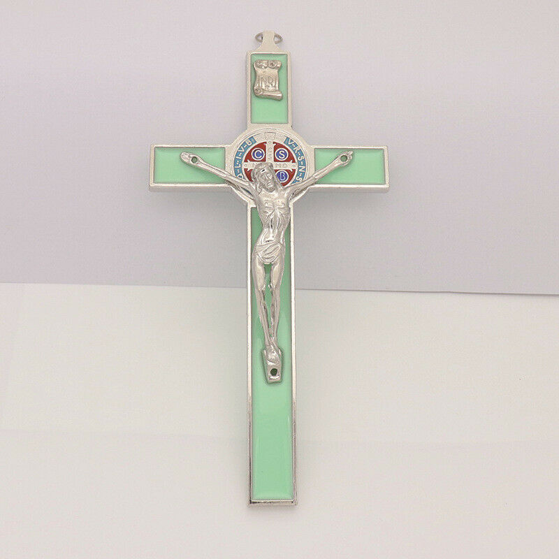 Luminous green St. Benedict's cross pendant with Jesus icon for Catholic devotion Main image