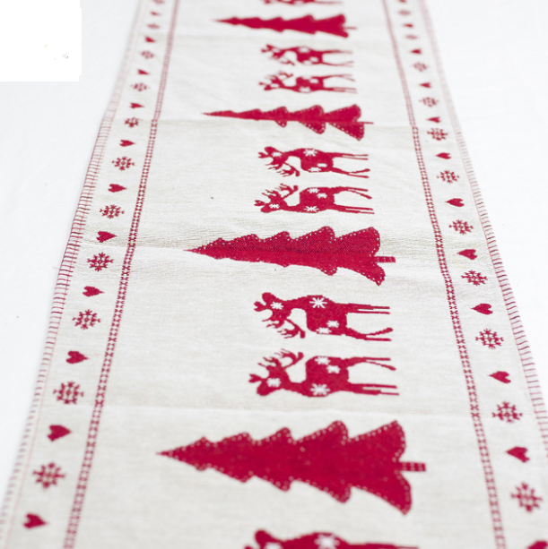Christmas table runner with cotton linen fabric showing holiday elk and snowman patterns