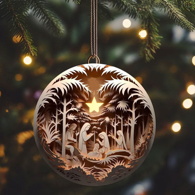 Christmas tree ornament wood pendant detail view