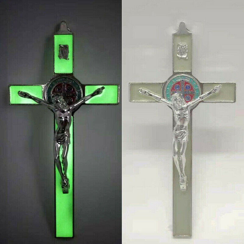 Catholic devotional cross pendant measuring 19.5cm x 9.7cm in green