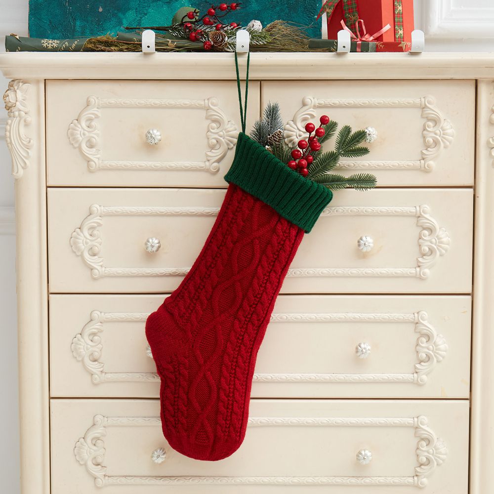 Knitted Christmas Stocking Decoration in festive red and green colors for Christian home holiday decor