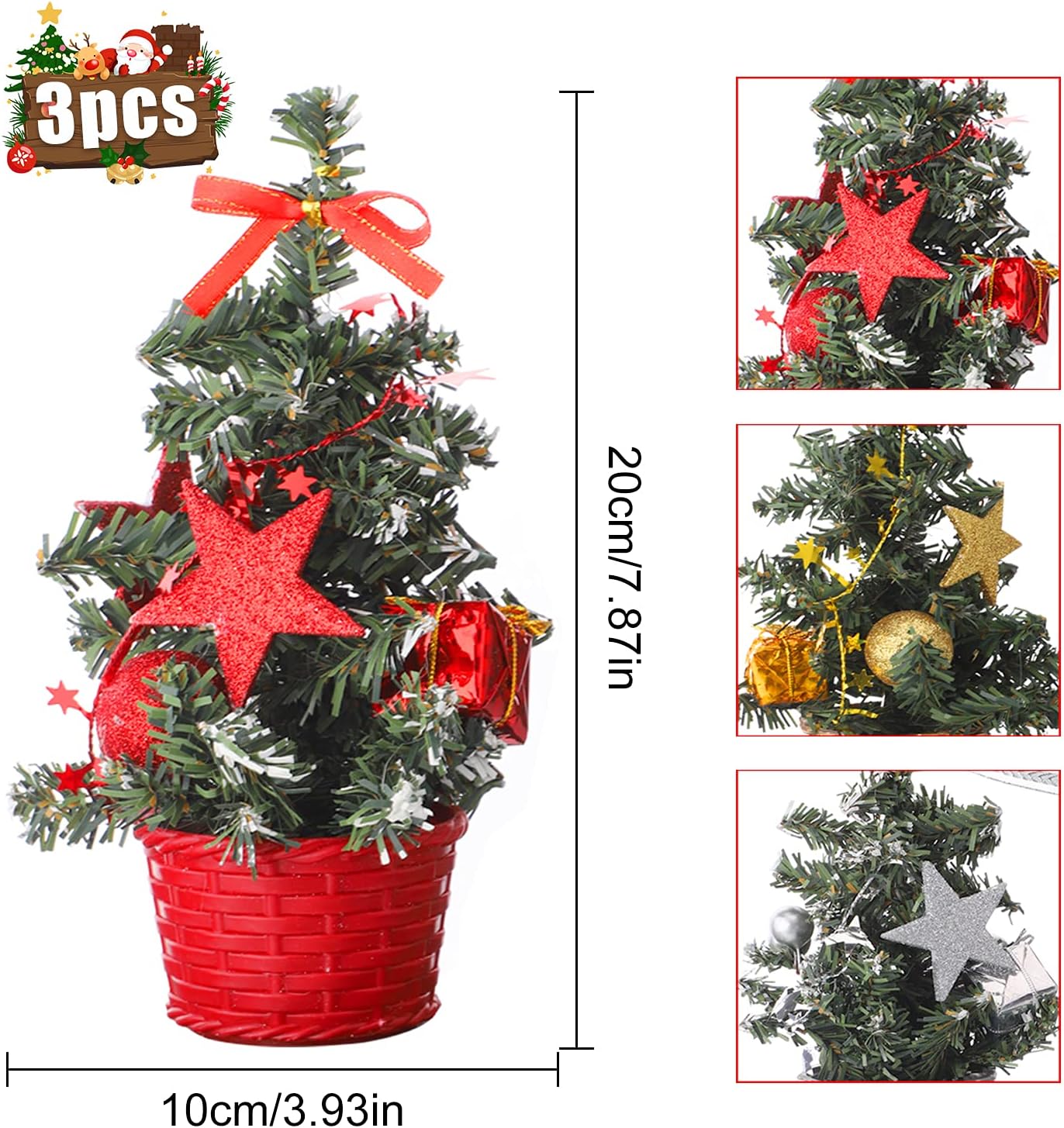 Three artificial mini Christmas trees showcasing elegant holiday design