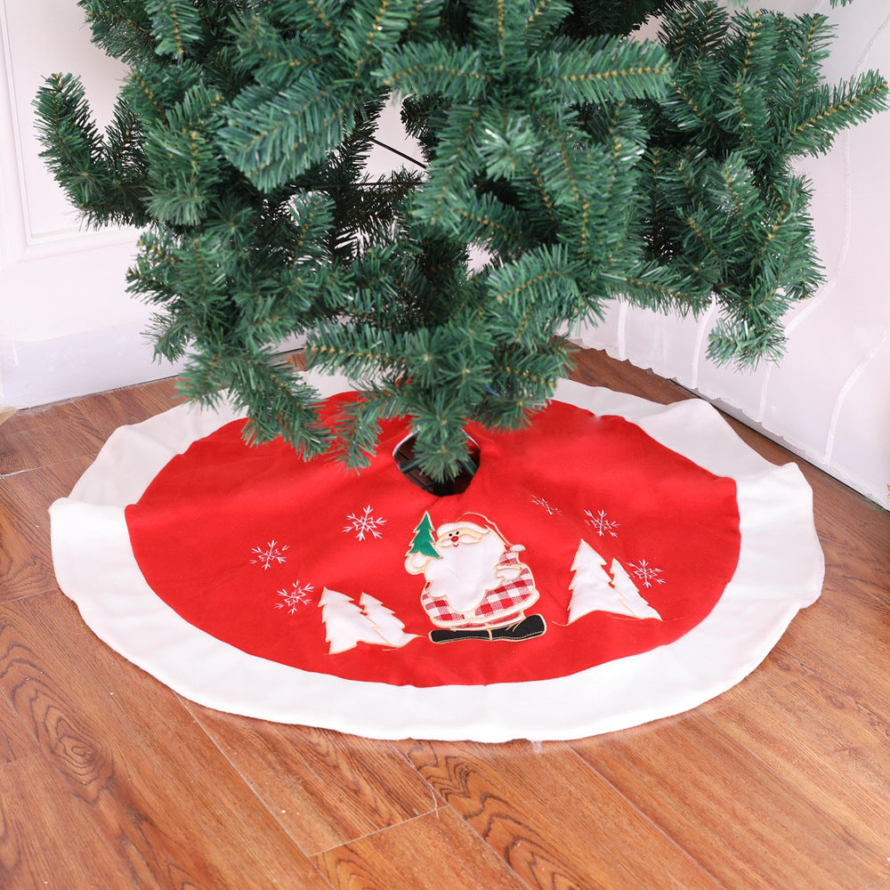 Festive red and white tree skirt in holiday setting