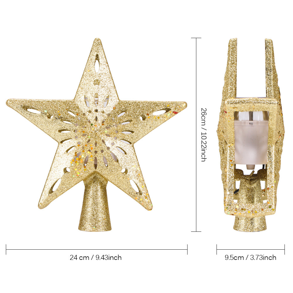 Star tree topper placed on decorated Christmas tree