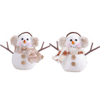 Ice man ornament with striped scarf hanging on Christmas tree