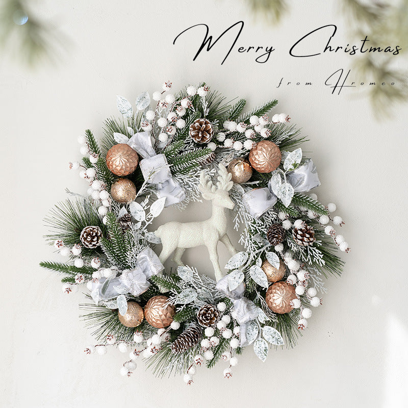 Christmas wreath door hanging with cheerful holiday styling